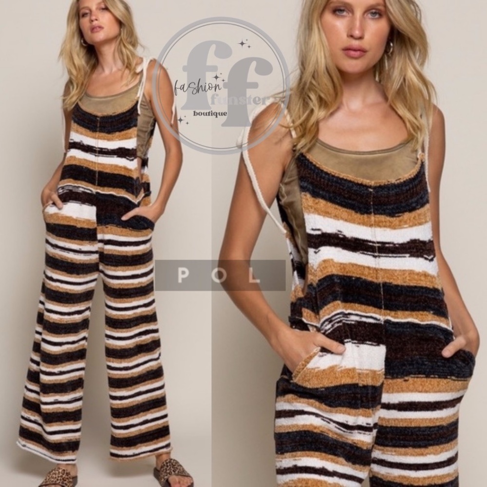 POL Striped One Piece Wide Leg Tie Strap Pocket Sweater Onesie Jumpsuit Overalls